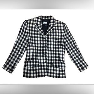 DKNY Jacket Blazer Sz 10 Black Ivory Checked Wool Blend Checked 3 Pockets